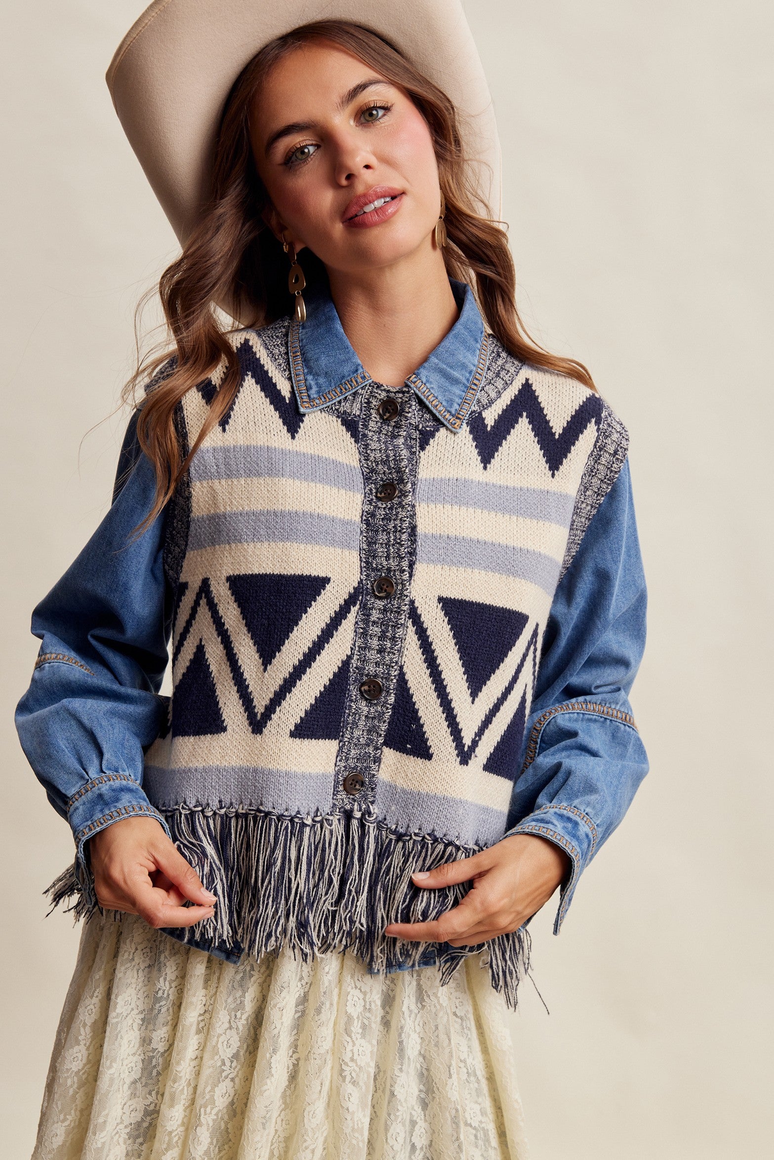 Tierra Fringe Knit Vest - Navy