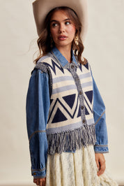 Tierra Fringe Knit Vest - Navy
