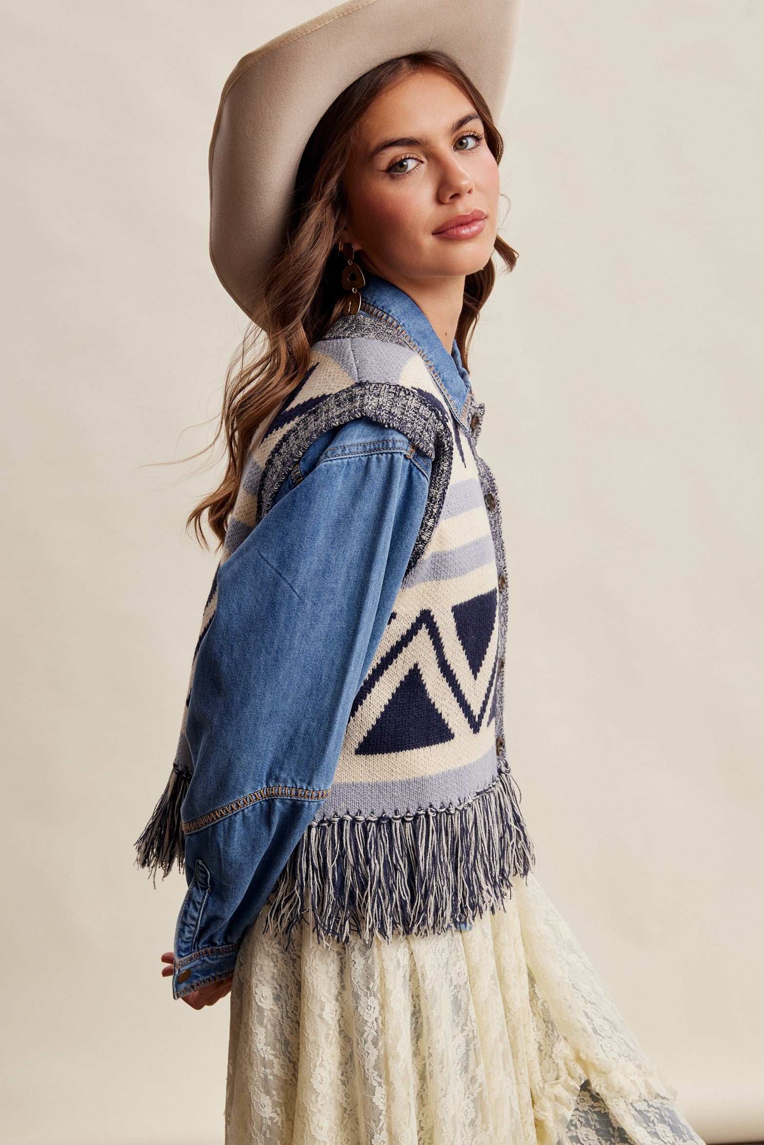 Tierra Fringe Knit Vest - Navy