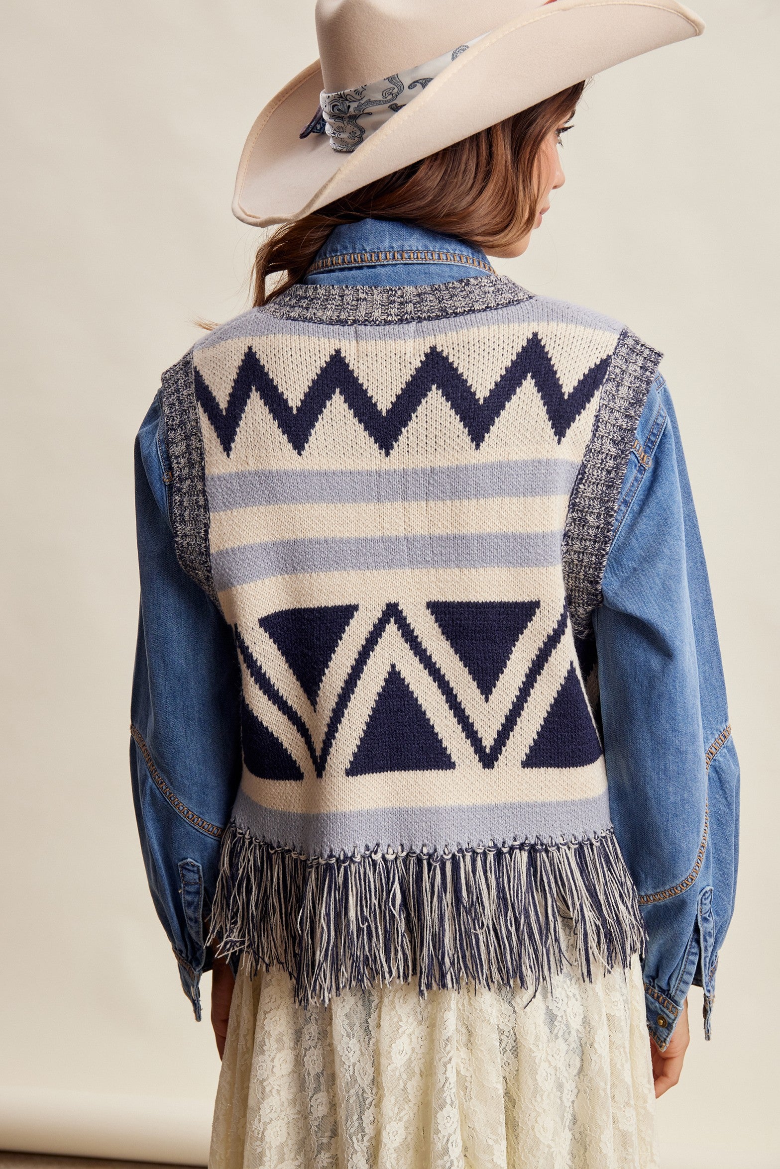Tierra Fringe Knit Vest - Navy