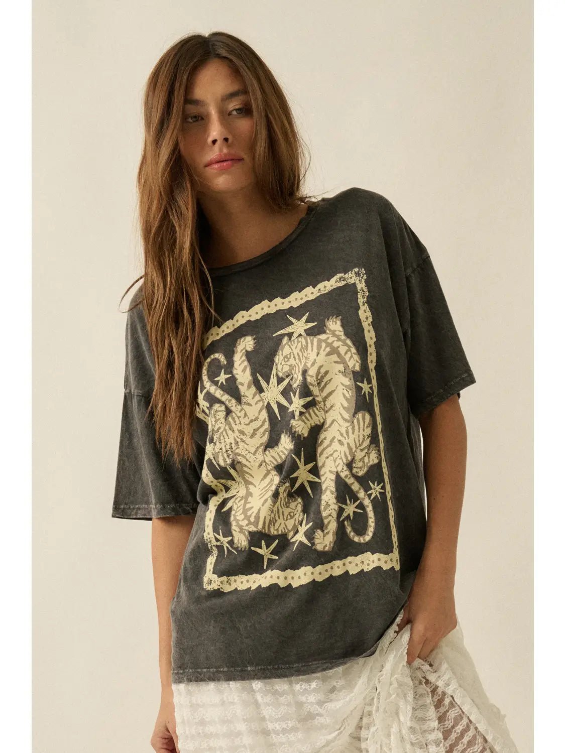 Tigers and Stars Vintage - Wash Oversized Graphic Tee - Westly