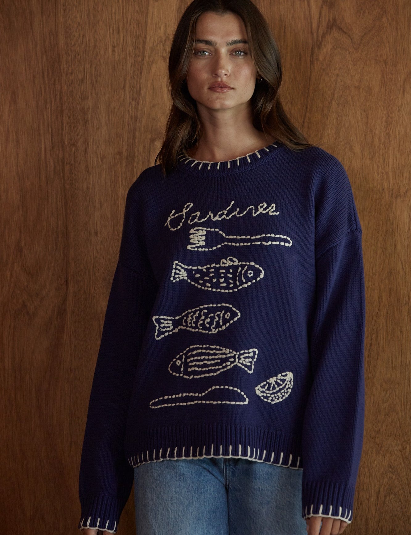 Tinned Fish Embroidered Sweater in Navy Ivory - product photo 1