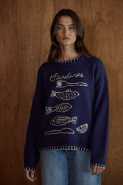 Tinned Fish Embroidered Sweater in Navy Ivory - product photo 1