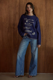 Tinned Fish Embroidered Sweater in Navy Ivory - product photo 2