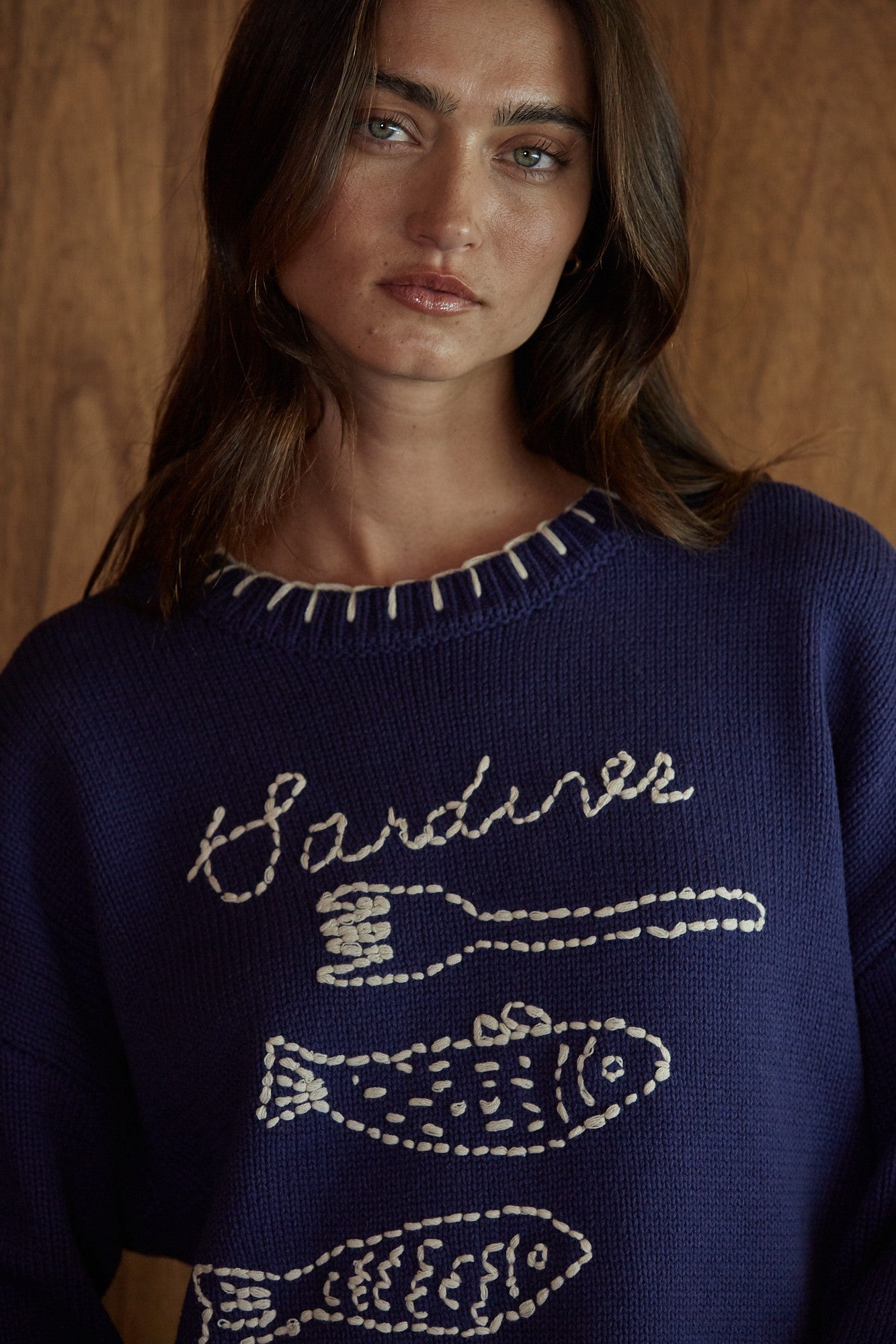 Tinned Fish Embroidered Sweater in Navy Ivory - product photo 3