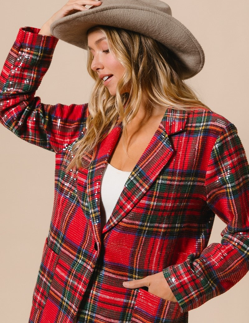 Tinsel Hour Sequin Plaid Jacket - Red Multi