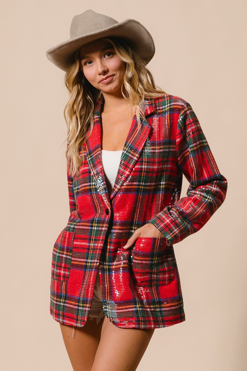 Tinsel Hour Sequin Plaid Jacket - Red Multi
