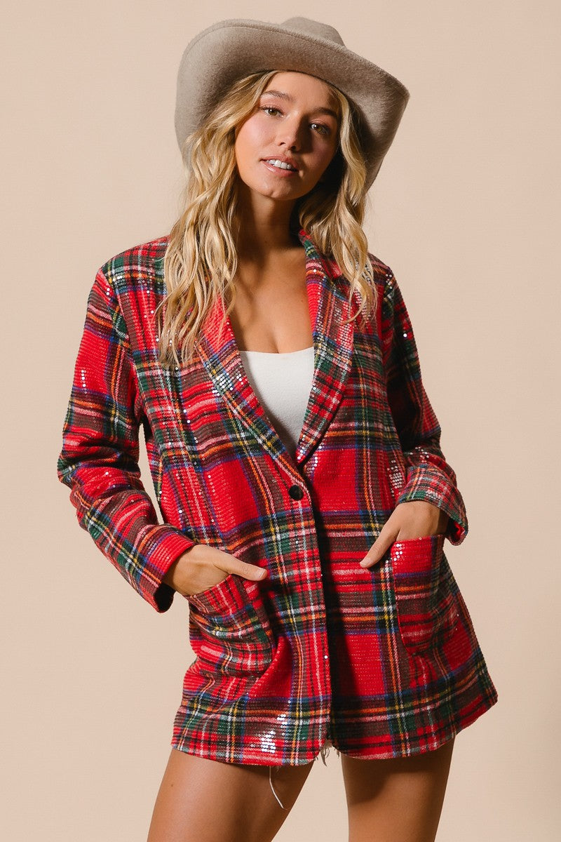 Tinsel Hour Sequin Plaid Jacket - Red Multi