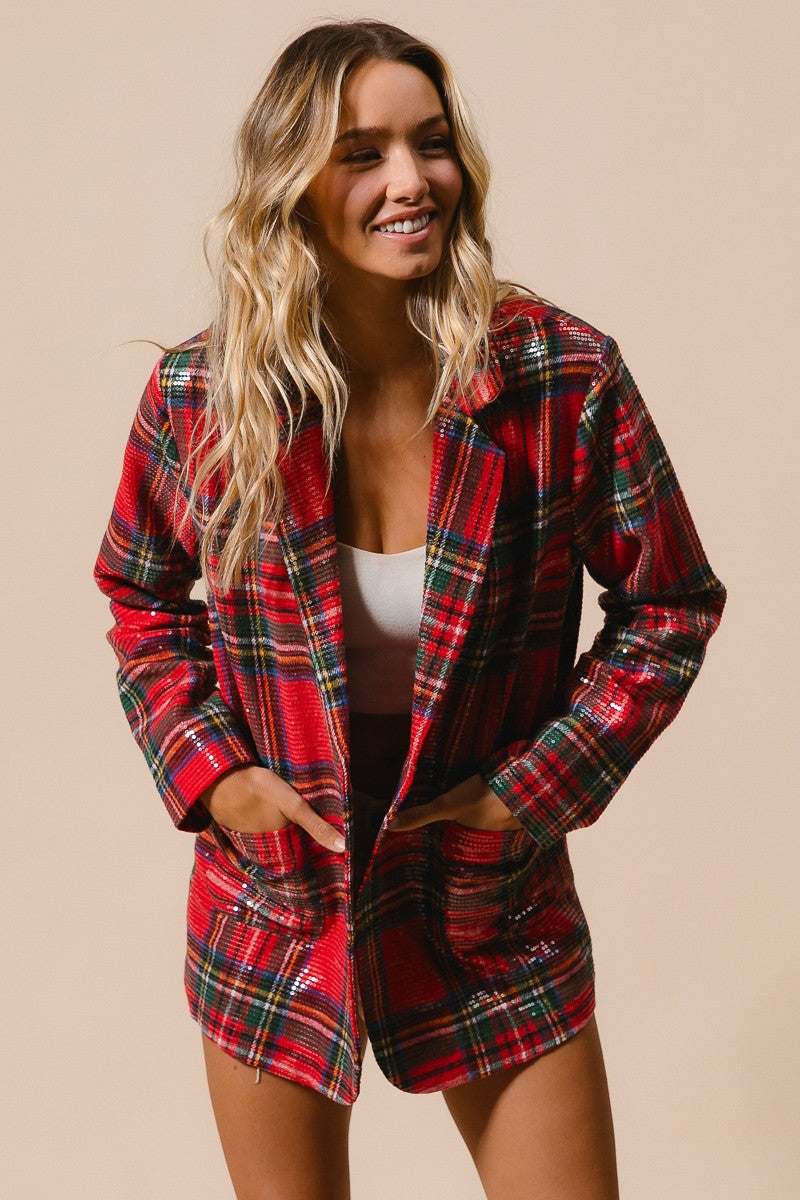 Tinsel Hour Sequin Plaid Jacket - Red Multi