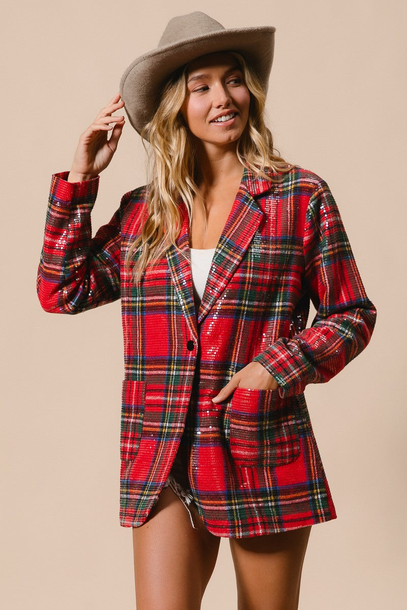 Tinsel Hour Sequin Plaid Jacket - Red Multi