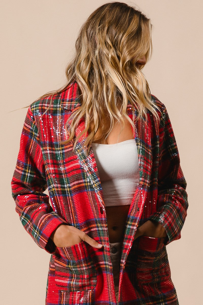 Tinsel Hour Sequin Plaid Jacket - Red Multi