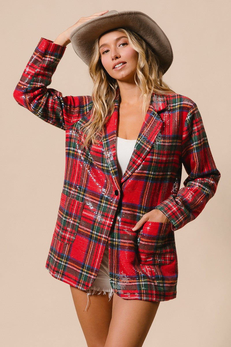Tinsel Hour Sequin Plaid Jacket - Red Multi