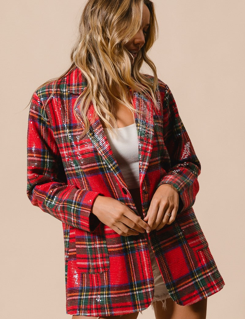 Tinsel Hour Sequin Plaid Jacket - Red Multi