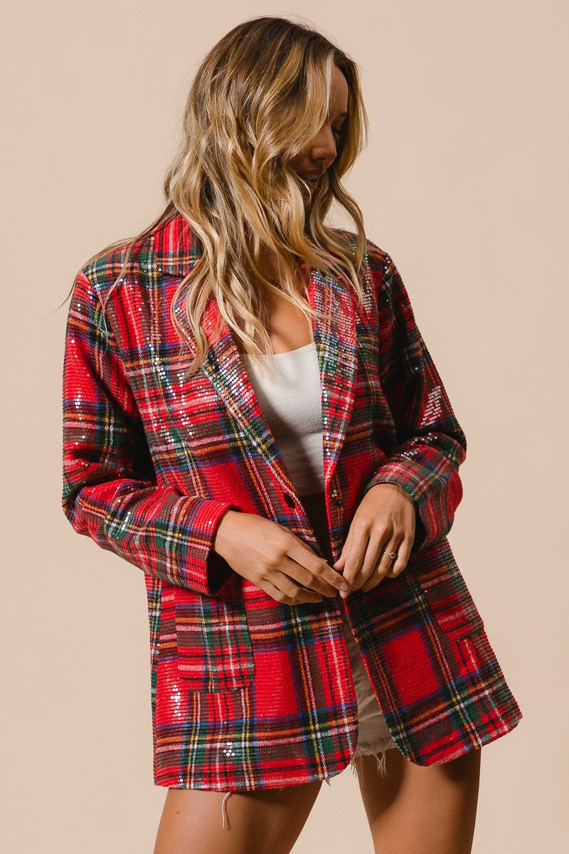 Tinsel Hour Sequin Plaid Jacket - Red Multi