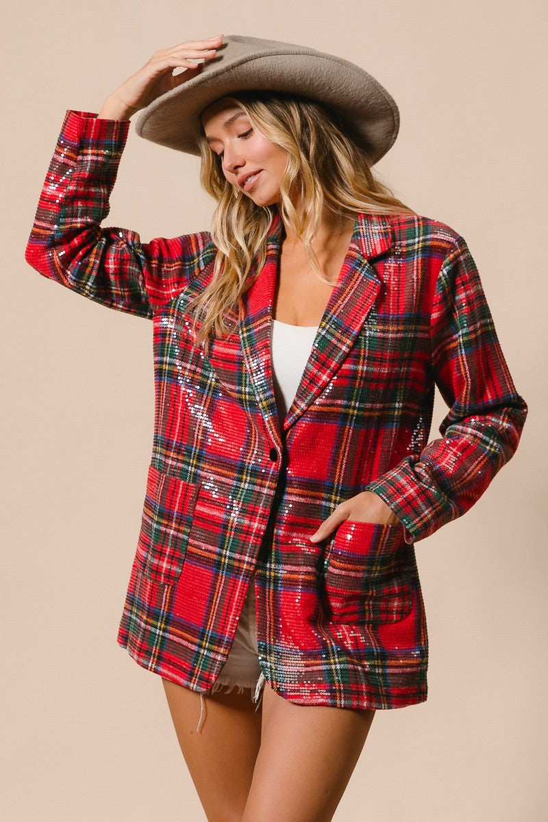Tinsel Hour Sequin Plaid Jacket - Red Multi