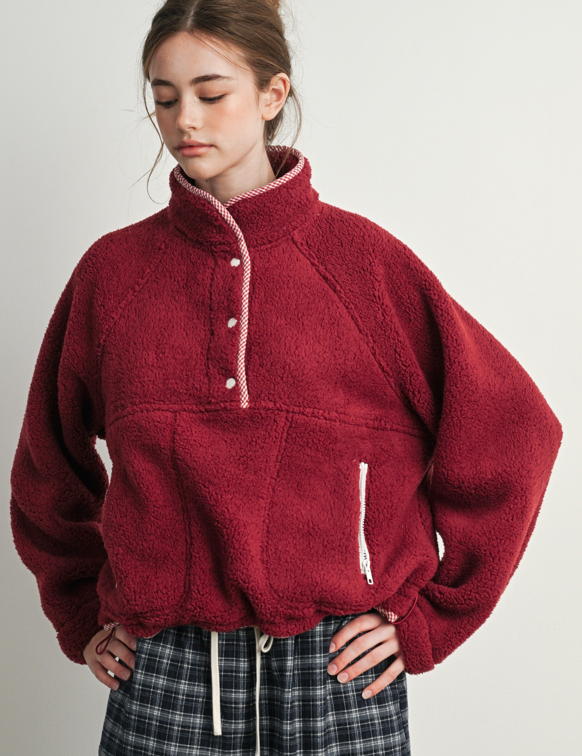Trailmarker Gingham Trim Fleece Pullover in Berry Multi - product photo 1