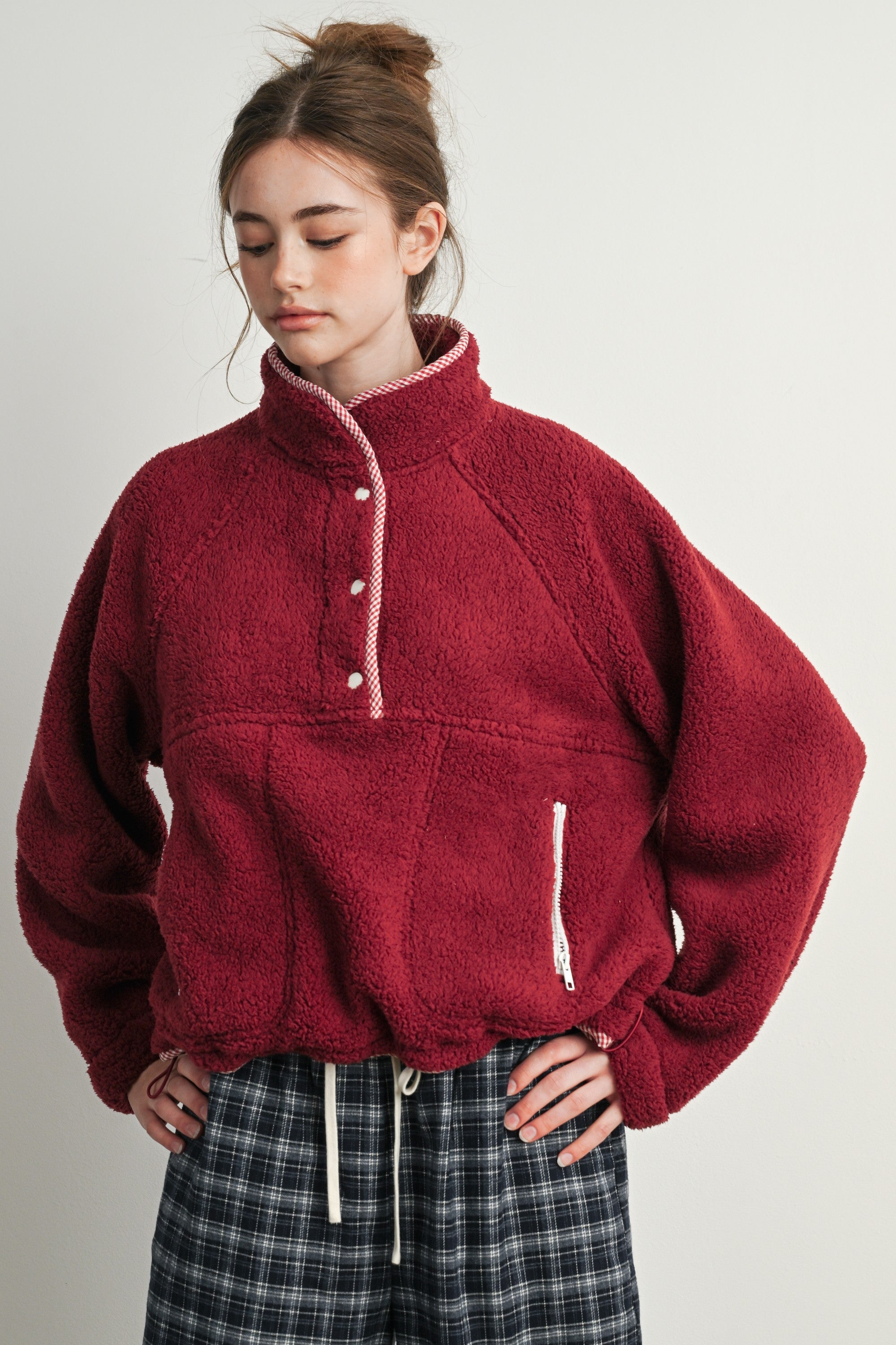 Trailmarker Gingham Trim Fleece Pullover in Berry Multi - product photo 1