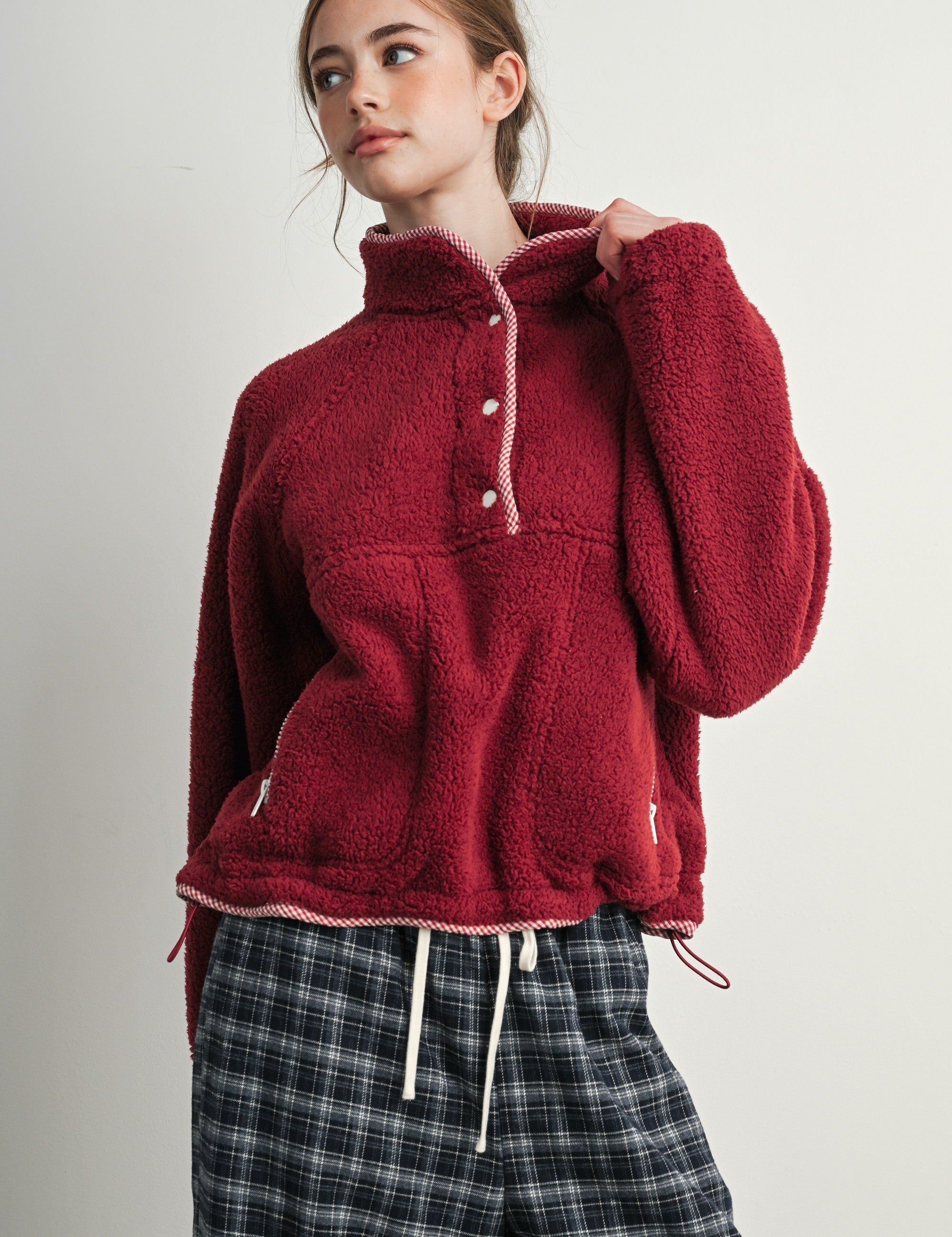 Trailmarker Gingham Trim Fleece Pullover in Berry Multi - product photo 2