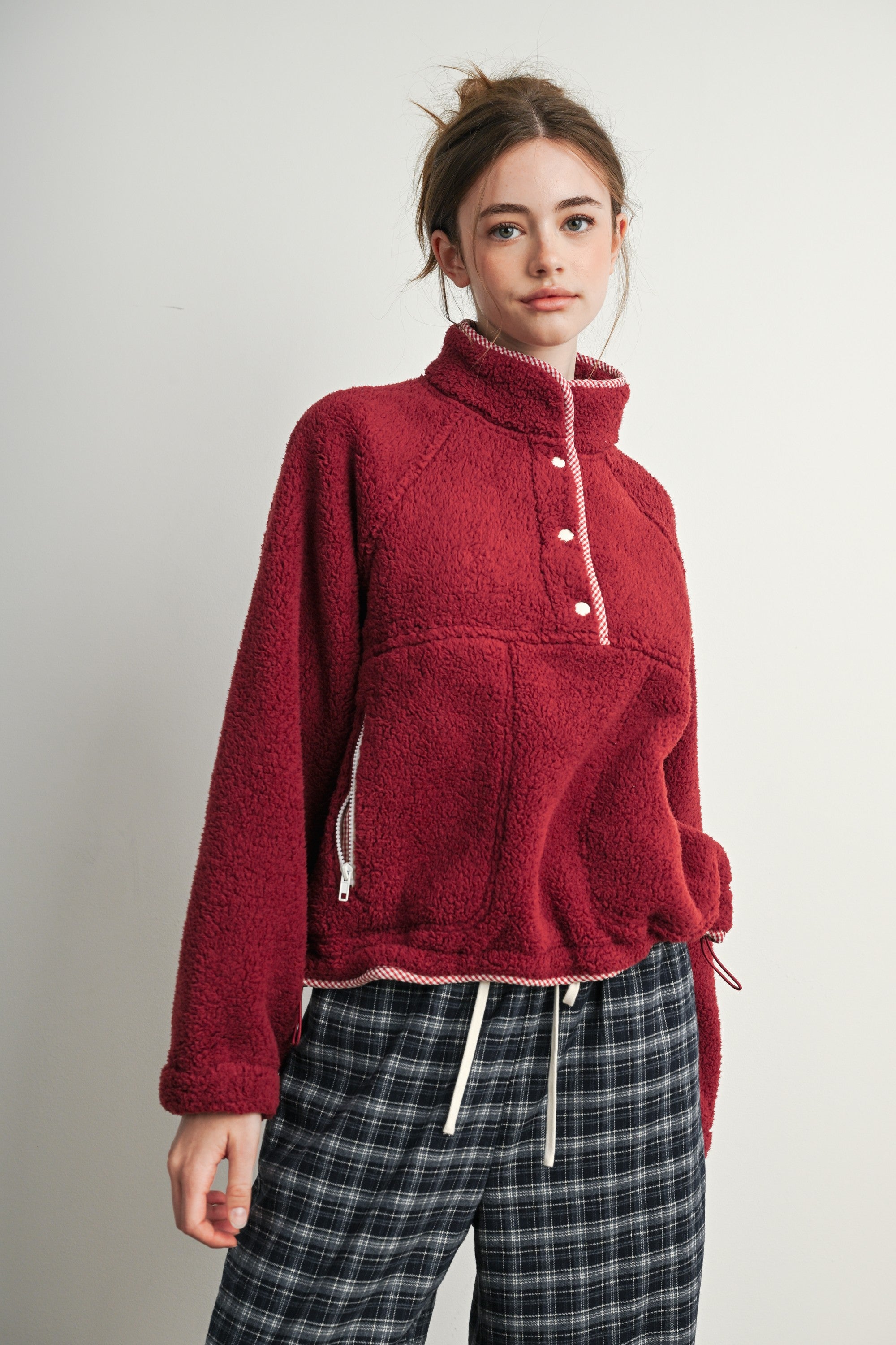 Trailmarker Gingham Trim Fleece Pullover in Berry Multi - product photo 3