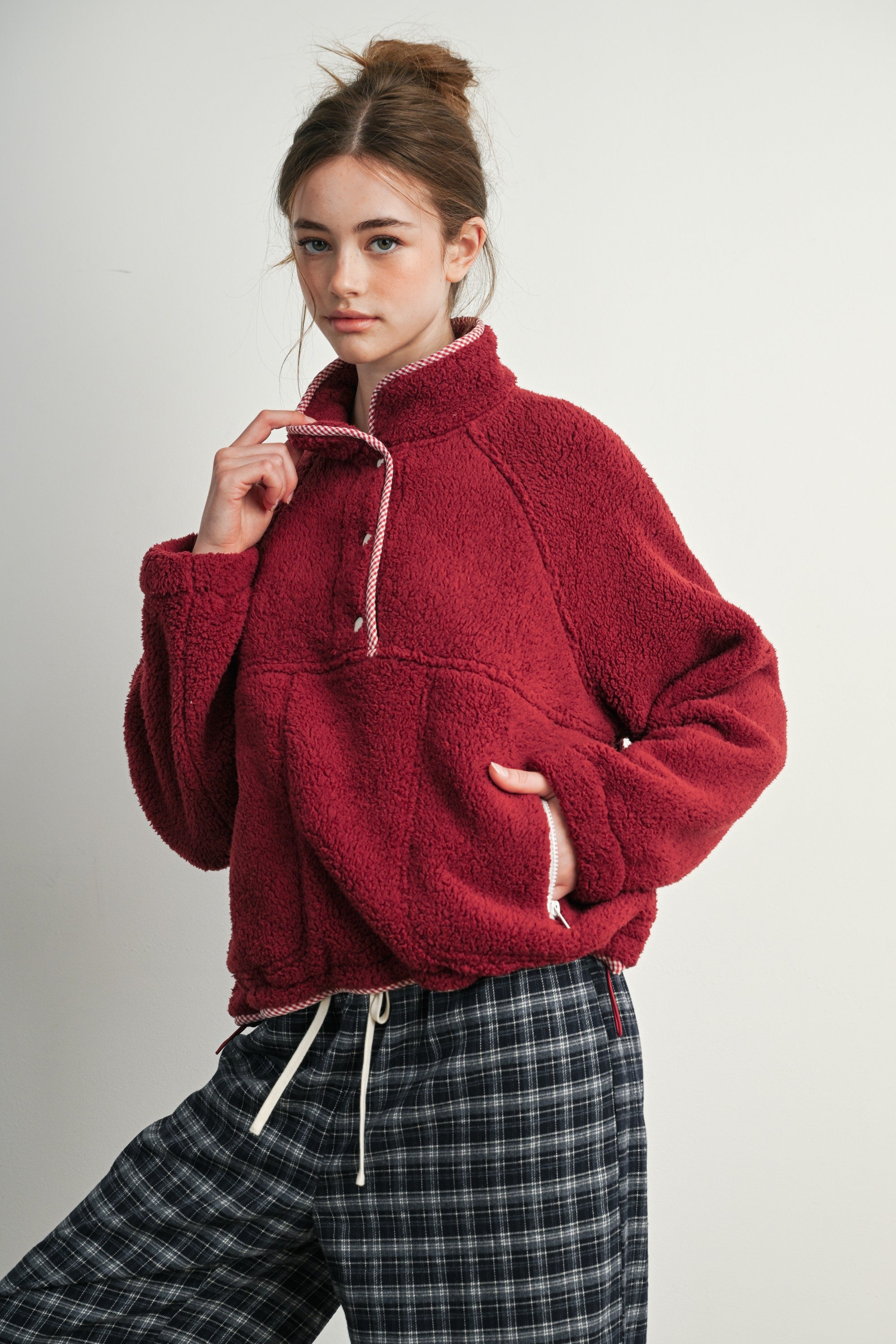 Trailmarker Gingham Trim Fleece Pullover in Berry Multi - product photo 4