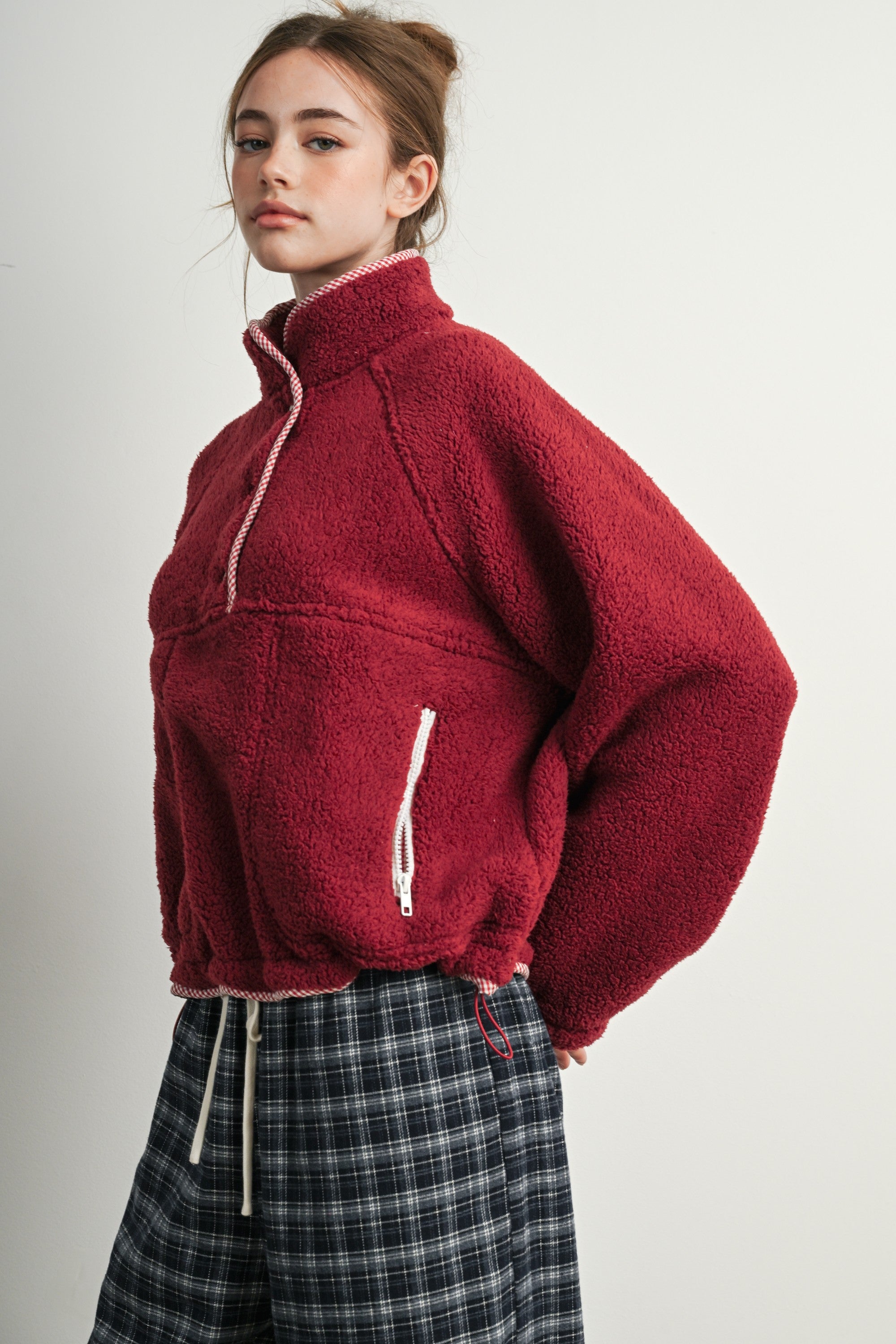 Trailmarker Gingham Trim Fleece Pullover in Berry Multi - product photo 5