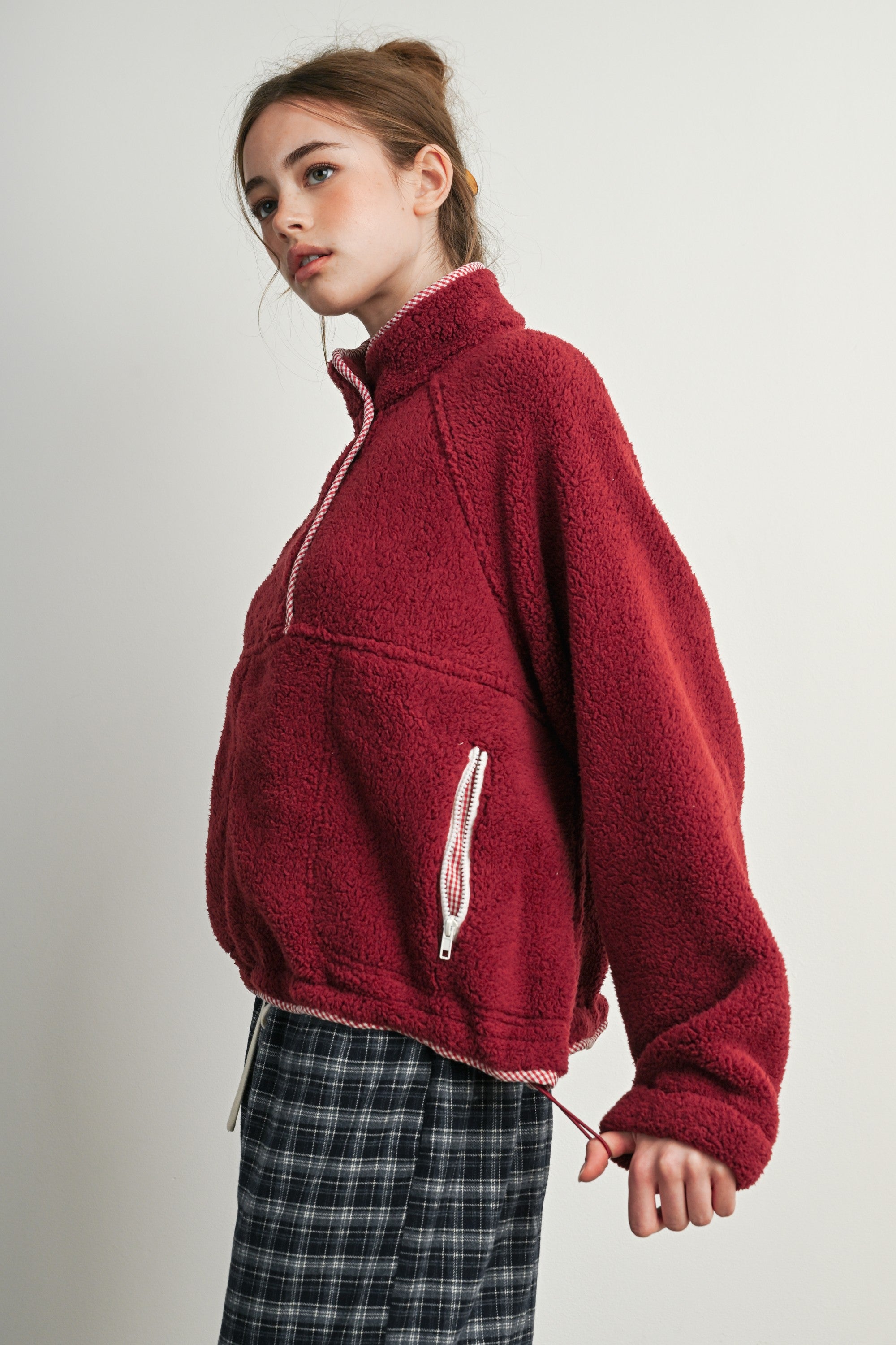 Trailmarker Gingham Trim Fleece Pullover in Berry Multi - product photo 6