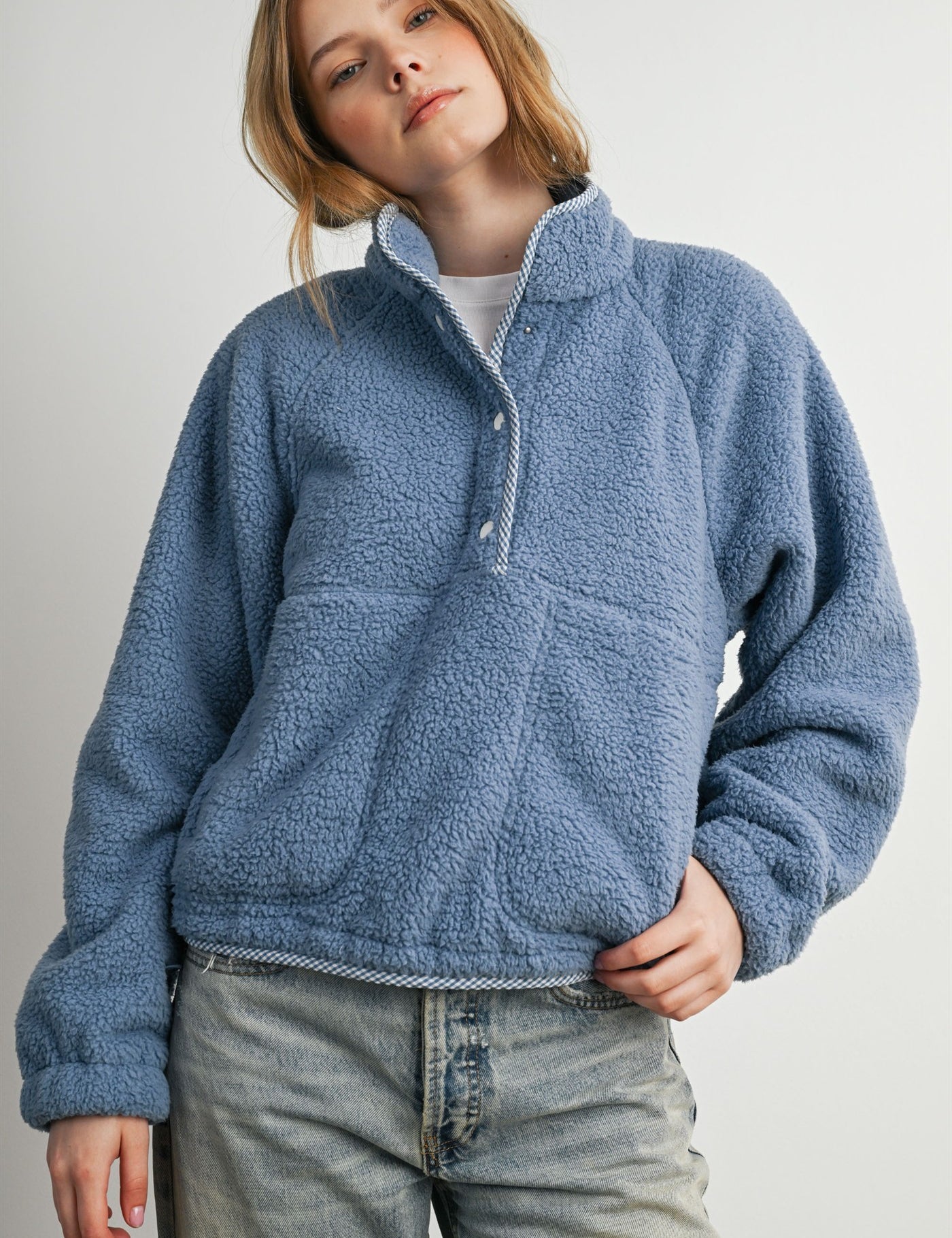 Trailmarker Gingham Trim Fleece Pullover in Blue Multi - product photo 1