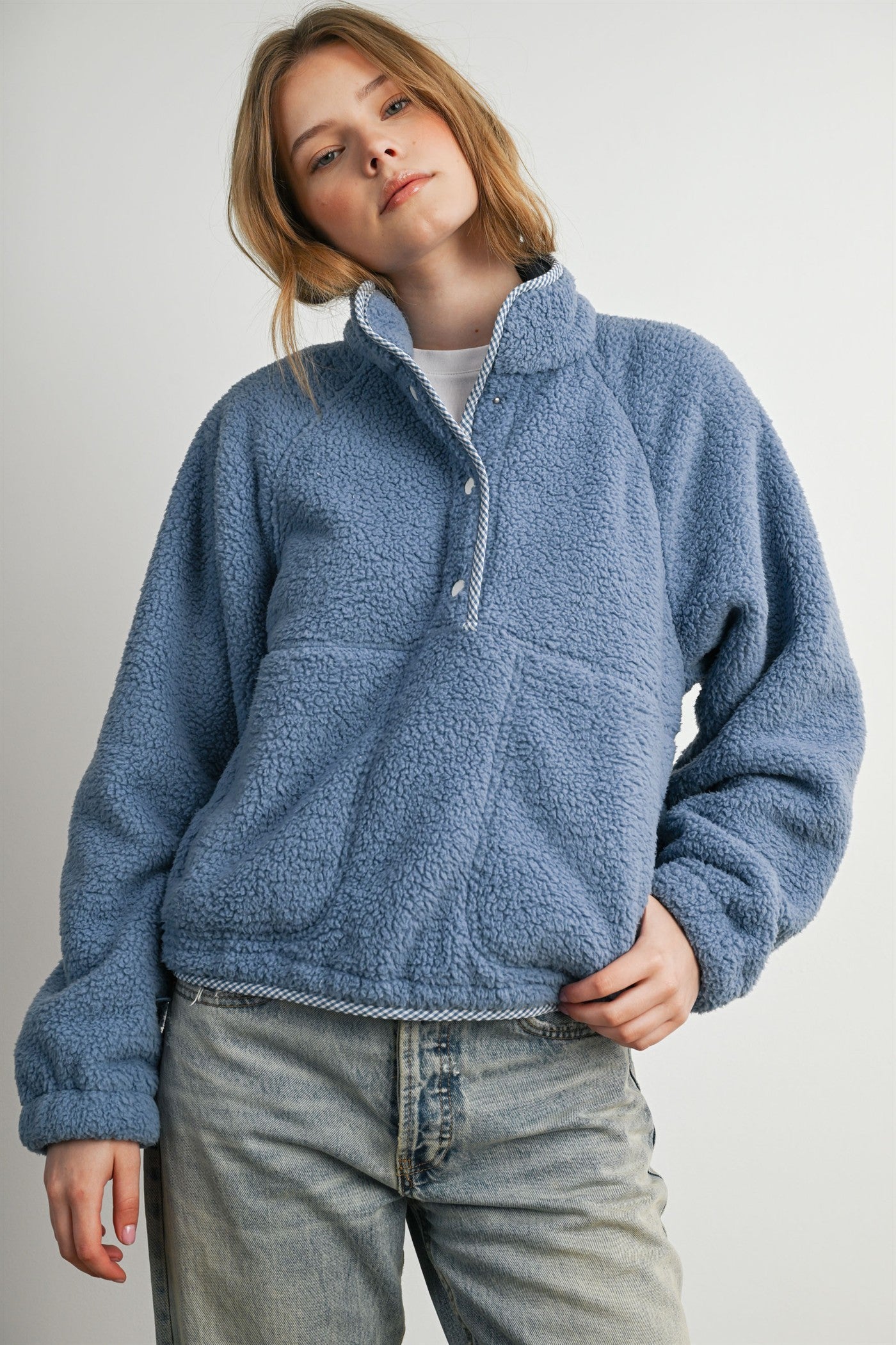 Trailmarker Gingham Trim Fleece Pullover in Blue Multi - product photo 1