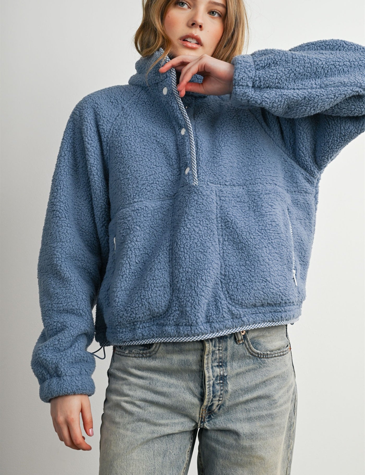 Trailmarker Gingham Trim Fleece Pullover in Blue Multi - product photo 2