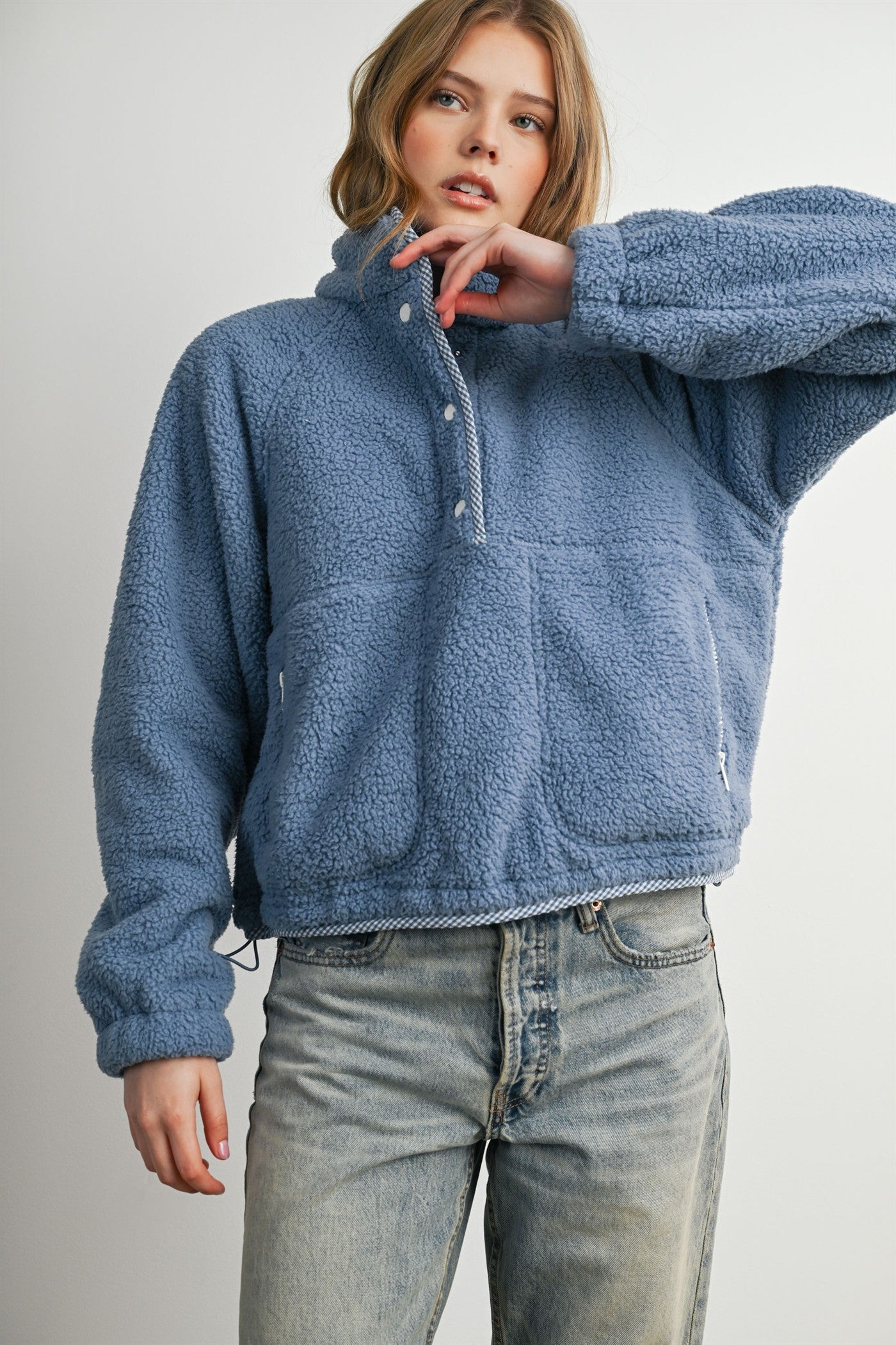 Trailmarker Gingham Trim Fleece Pullover in Blue Multi - product photo 2