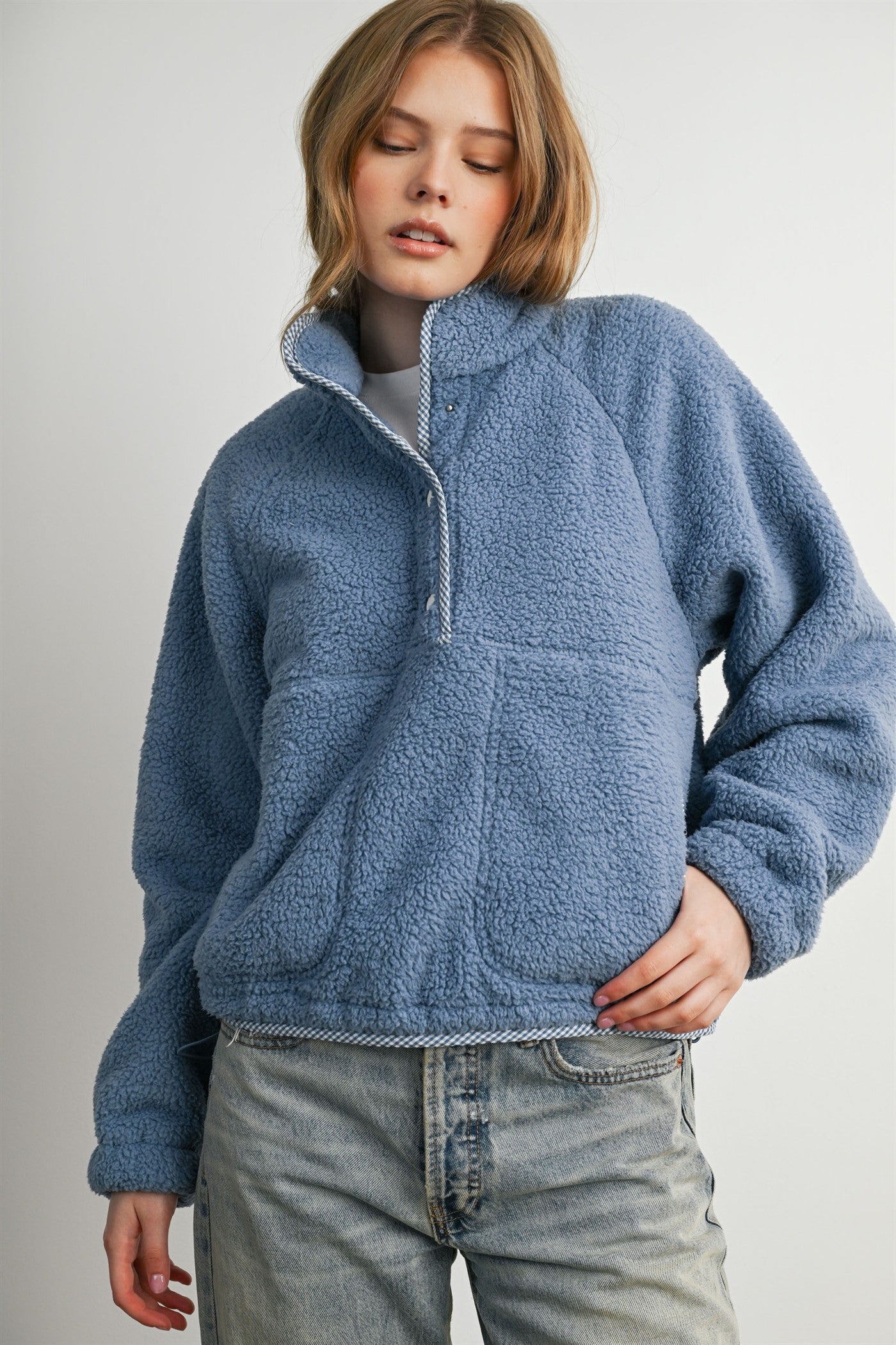 Trailmarker Gingham Trim Fleece Pullover in Blue Multi - product photo 3