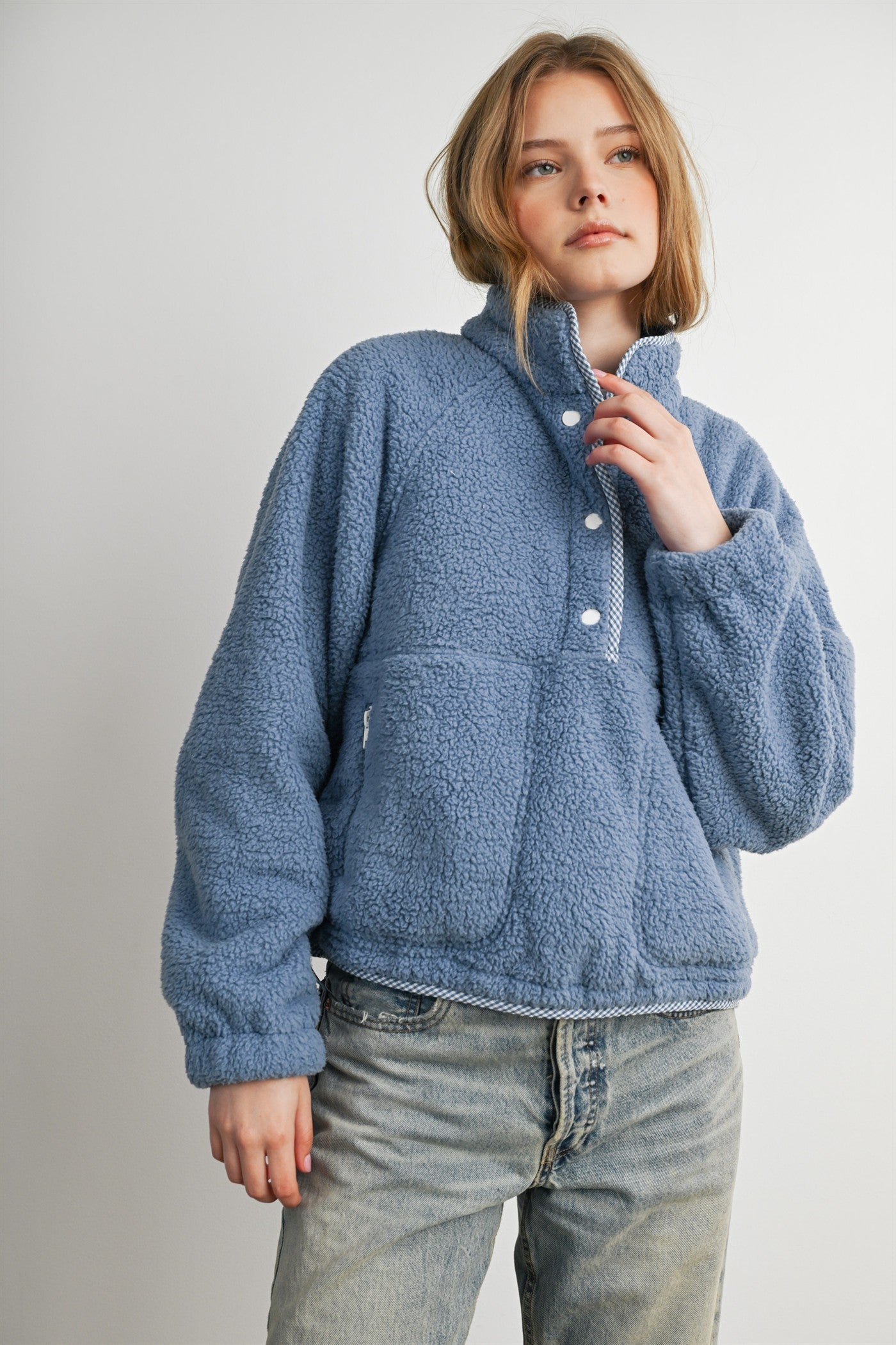 Trailmarker Gingham Trim Fleece Pullover in Blue Multi - product photo 5