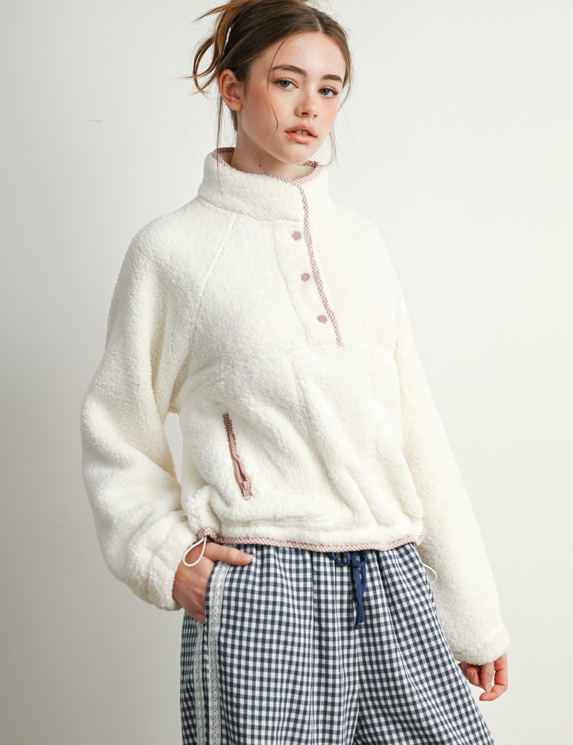 Trailmarker Gingham Trim Fleece Pullover in Ivory Multi - product photo 1