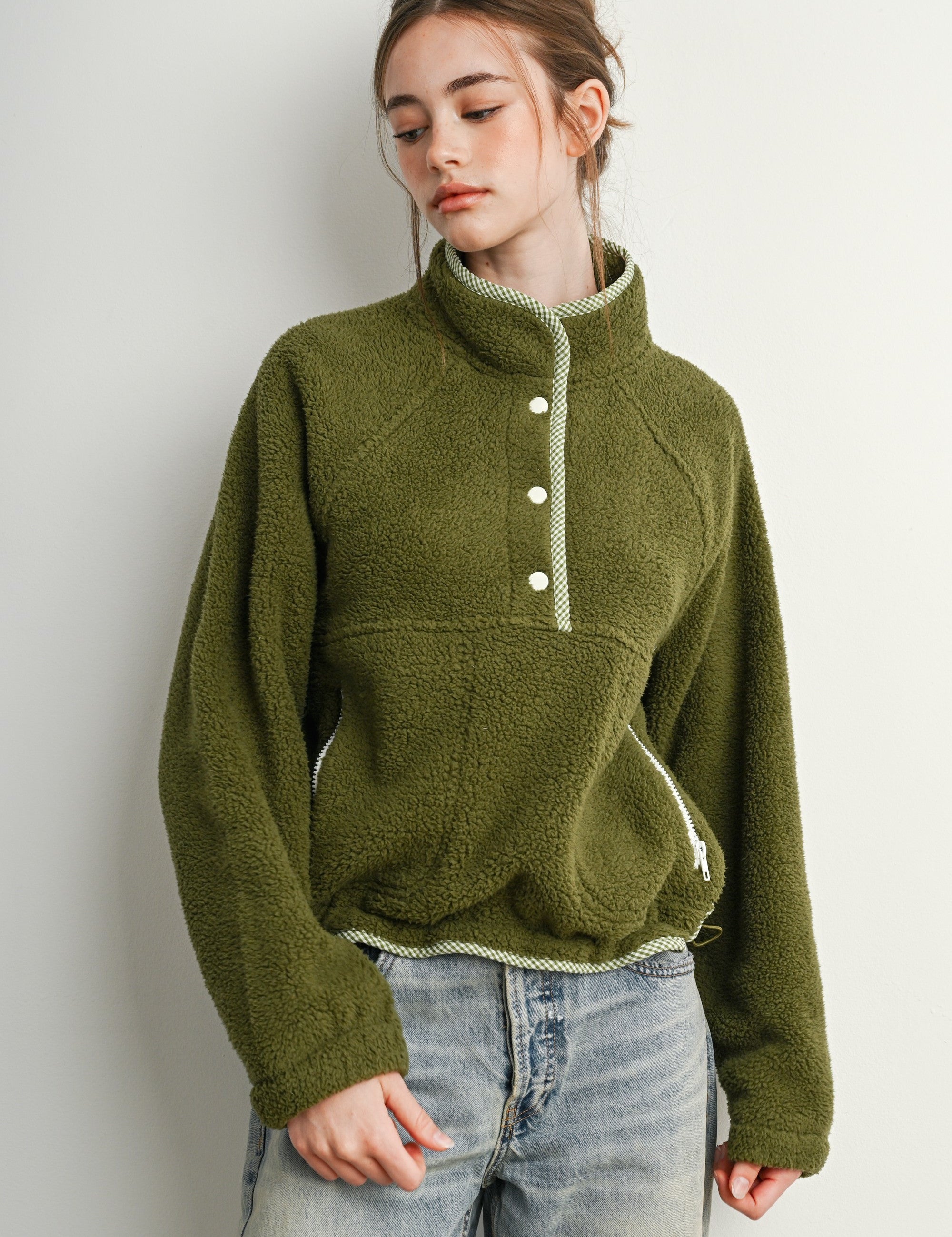 Trailmarker Gingham Trim Fleece Pullover in Olive Multi - product photo 1