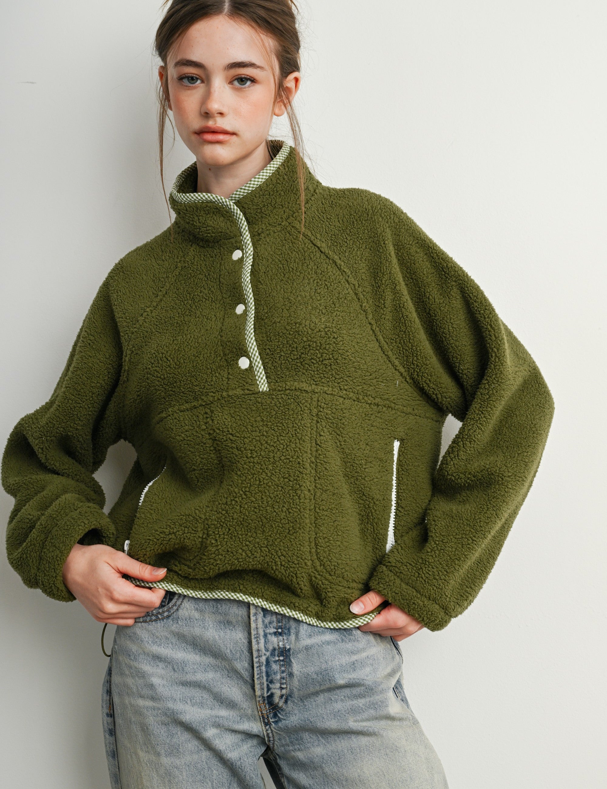 Trailmarker Gingham Trim Fleece Pullover in Olive Multi - product photo 2
