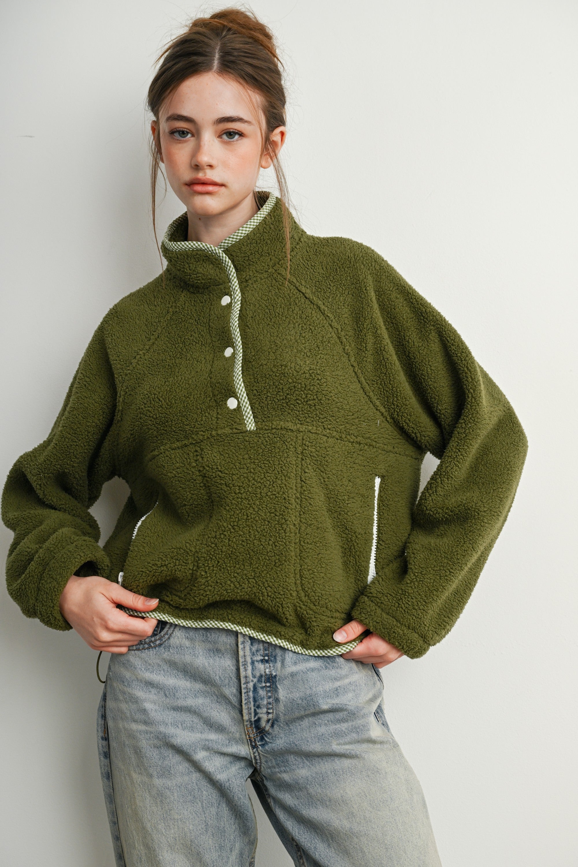 Trailmarker Gingham Trim Fleece Pullover in Olive Multi - product photo 2
