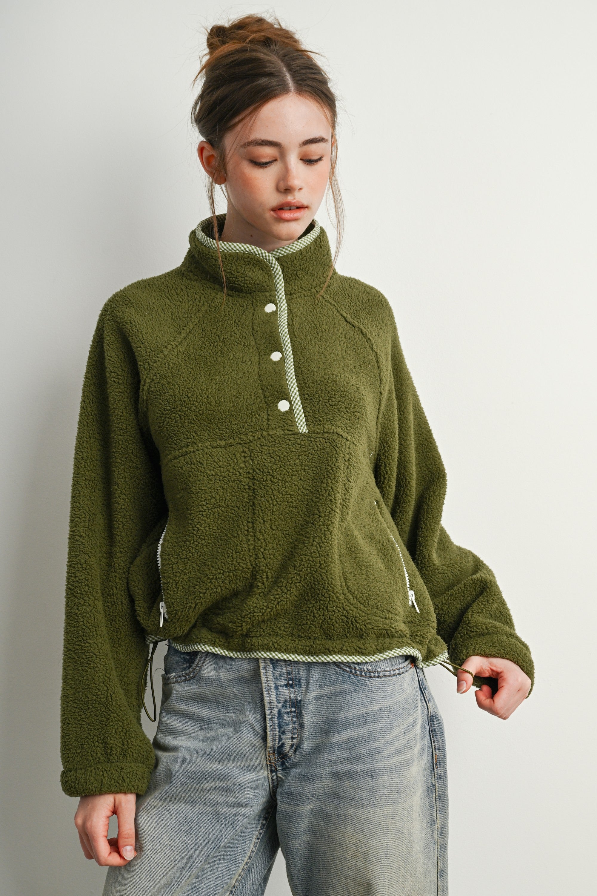 Trailmarker Gingham Trim Fleece Pullover in Olive Multi - product photo 3
