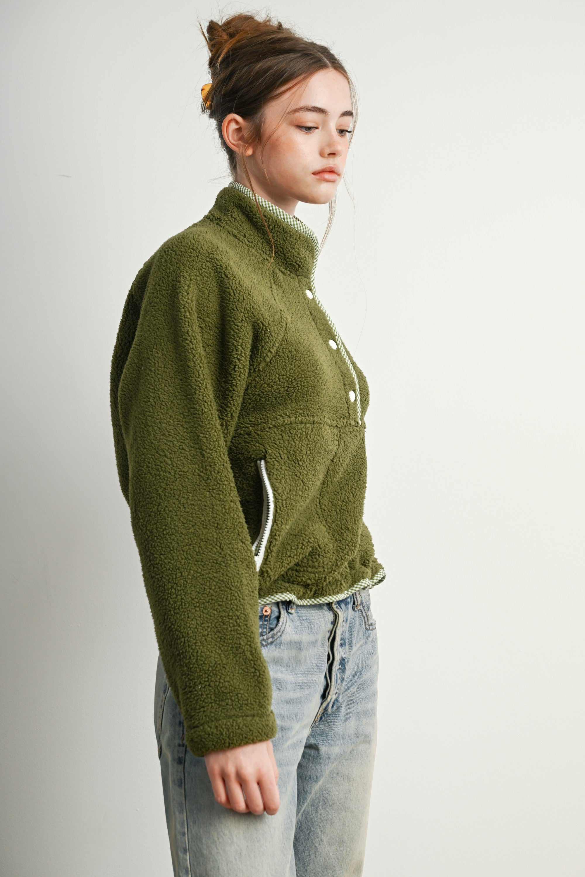 Trailmarker Gingham Trim Fleece Pullover in Olive Multi - product photo 8