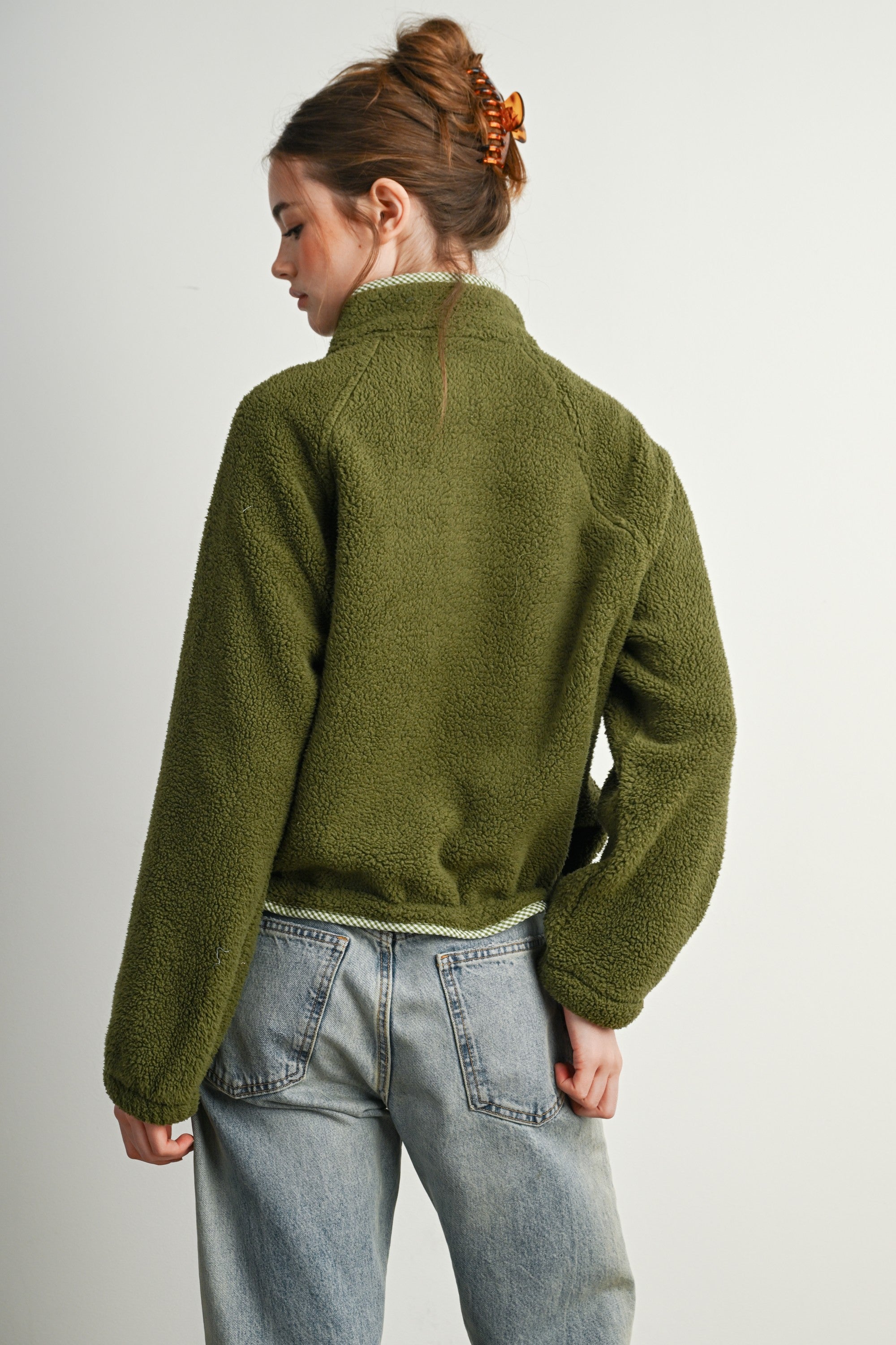 Trailmarker Gingham Trim Fleece Pullover in Olive Multi - product photo 9