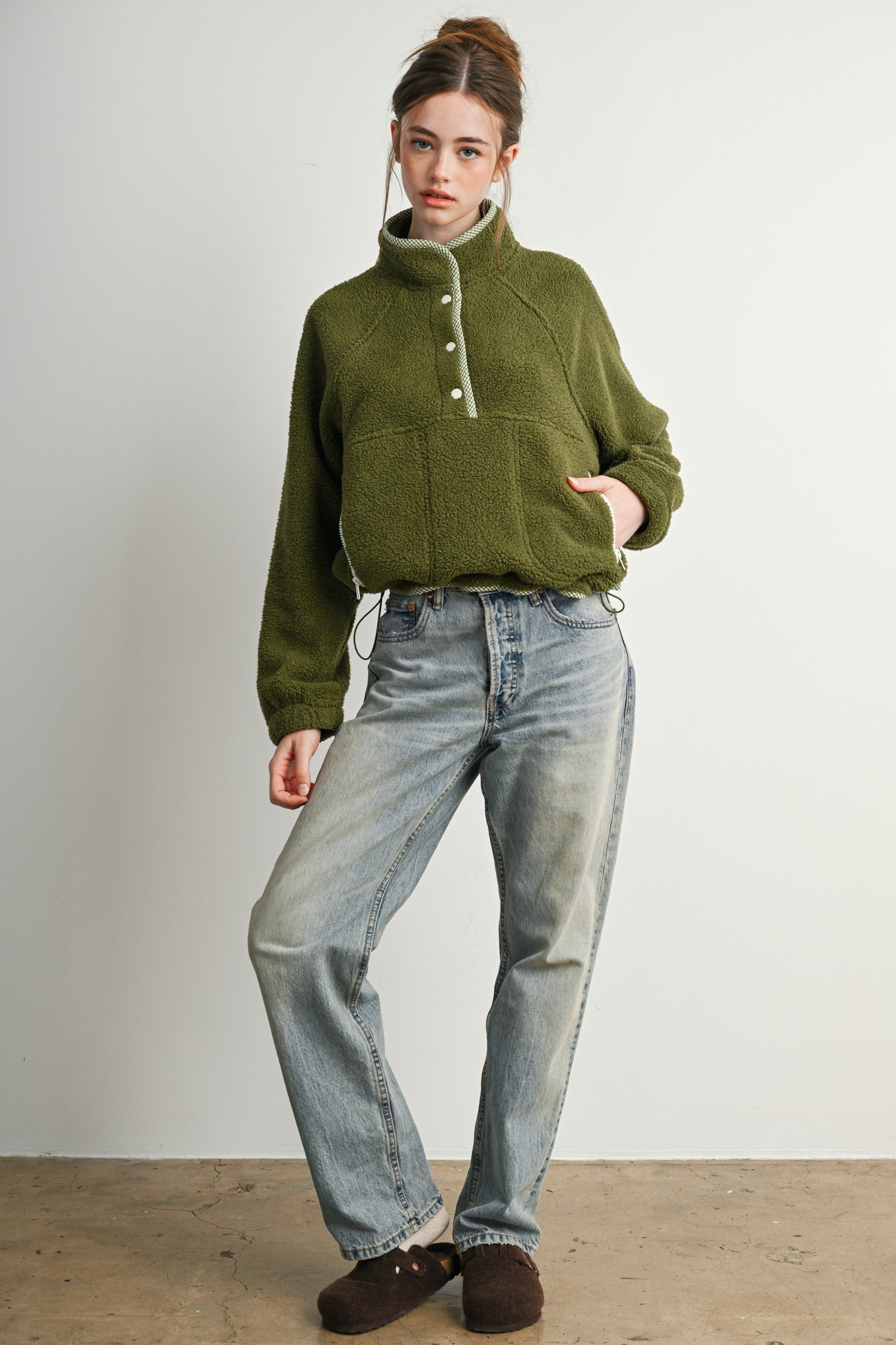 Trailmarker Gingham Trim Fleece Pullover in Olive Multi - product photo 10