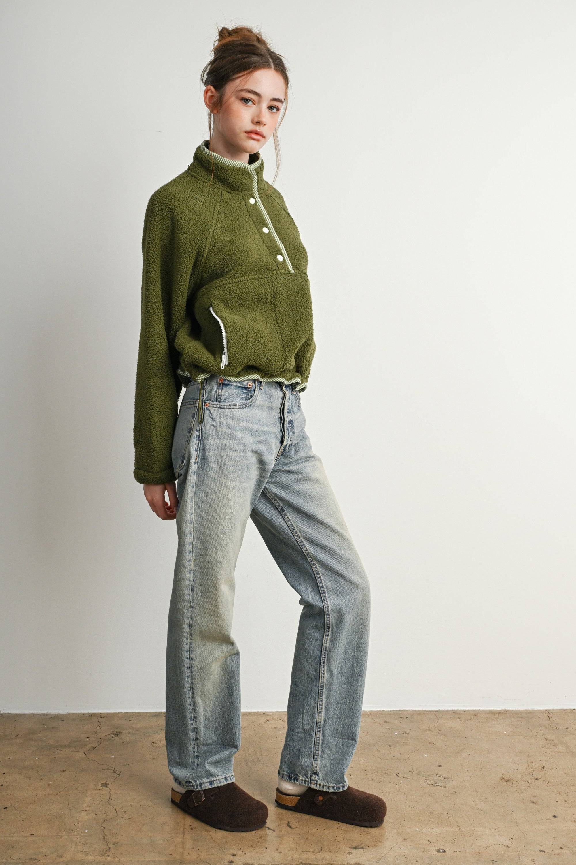 Trailmarker Gingham Trim Fleece Pullover in Olive Multi - product photo 11