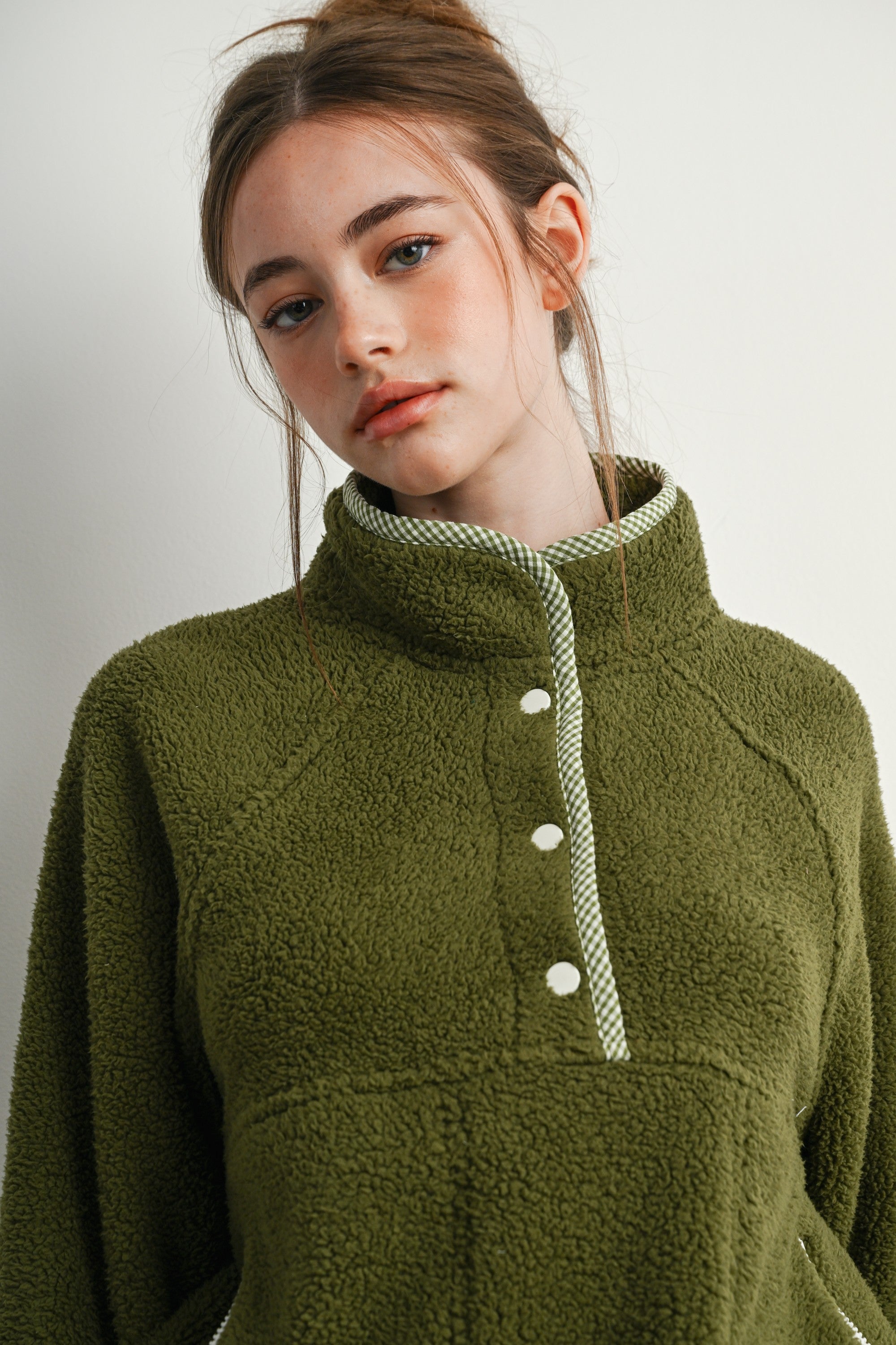 Trailmarker Gingham Trim Fleece Pullover in Olive Multi - product photo 12