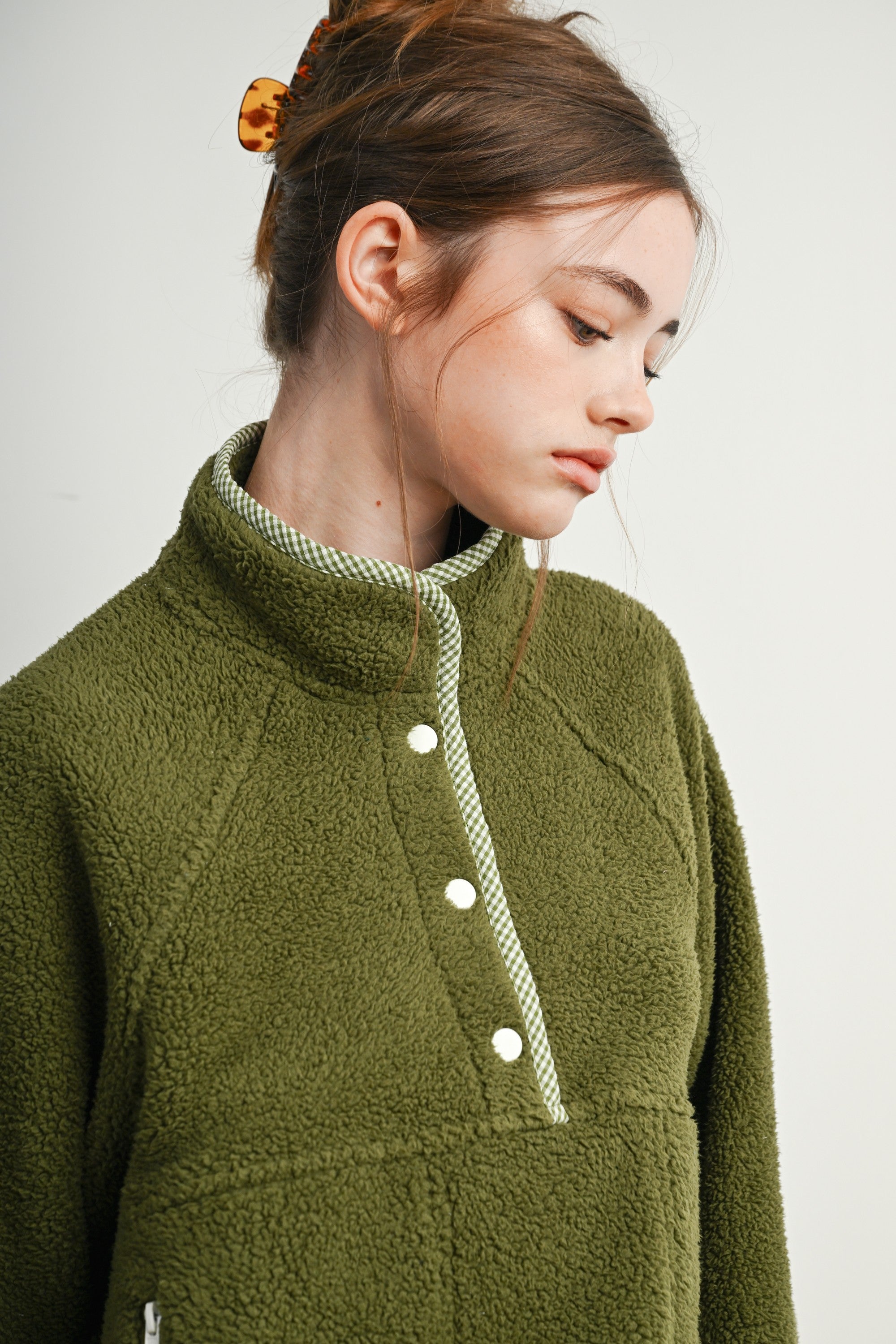 Trailmarker Gingham Trim Fleece Pullover in Olive Multi - product photo 13
