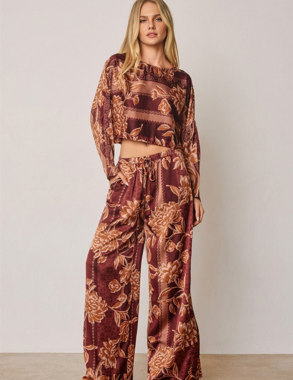 Trellis Lane Floral Satin Wide Leg Pants - Westly