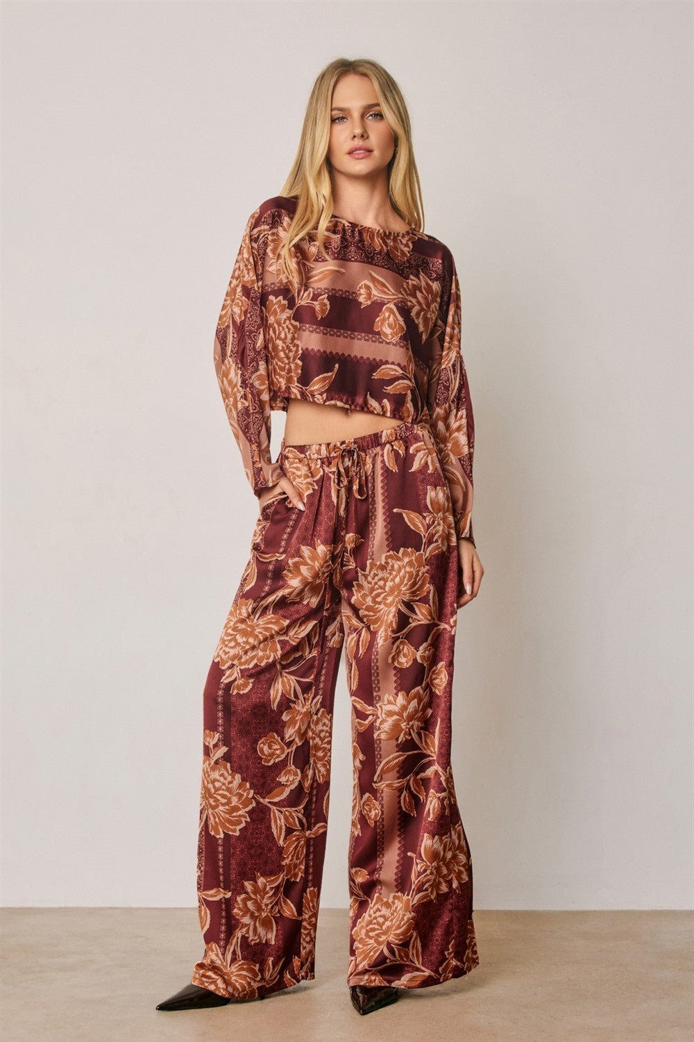 Trellis Lane Floral Satin Wide Leg Pants - Westly