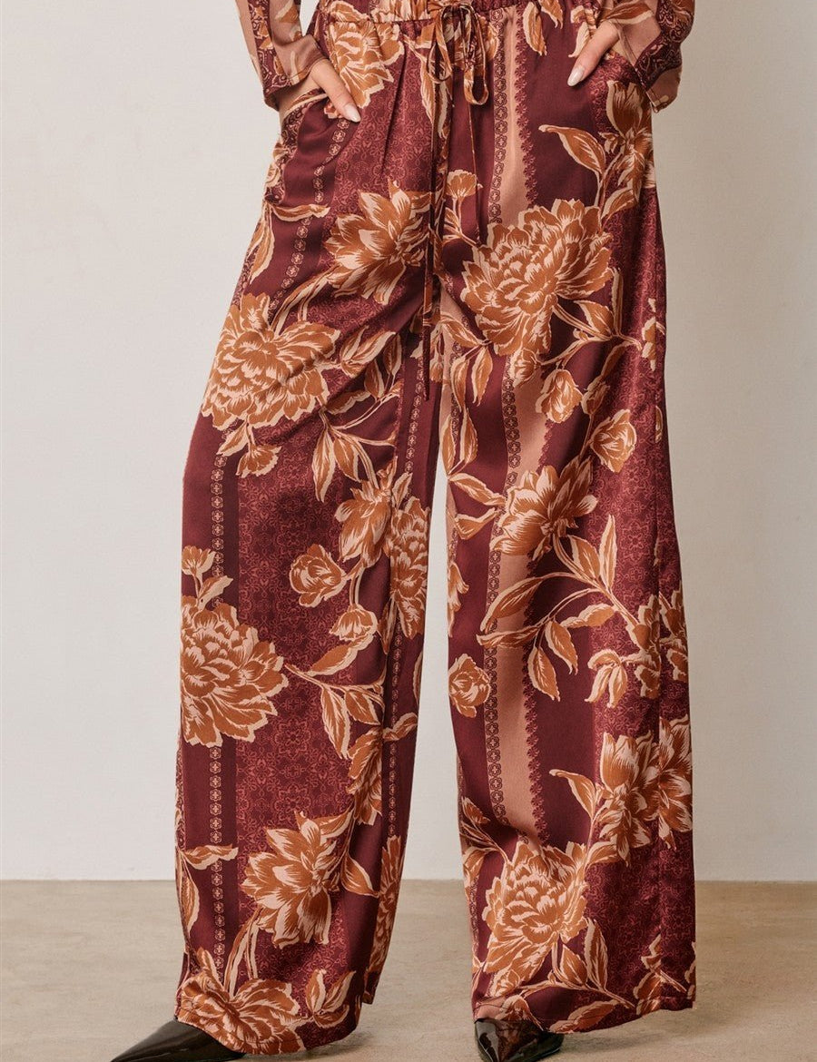 Trellis Lane Floral Satin Wide Leg Pants - Westly
