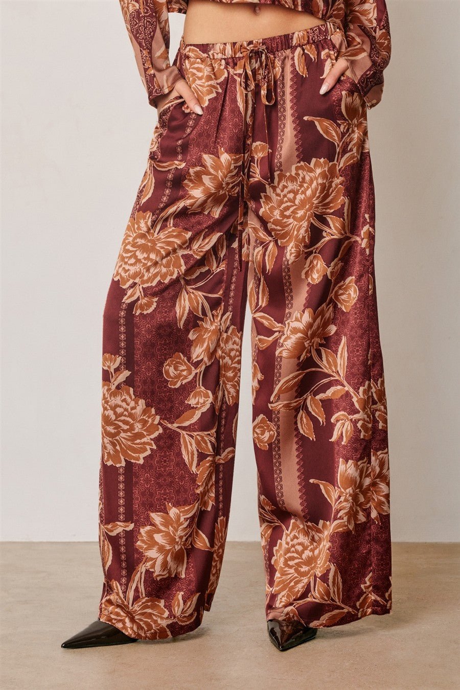 Trellis Lane Floral Satin Wide Leg Pants - Westly