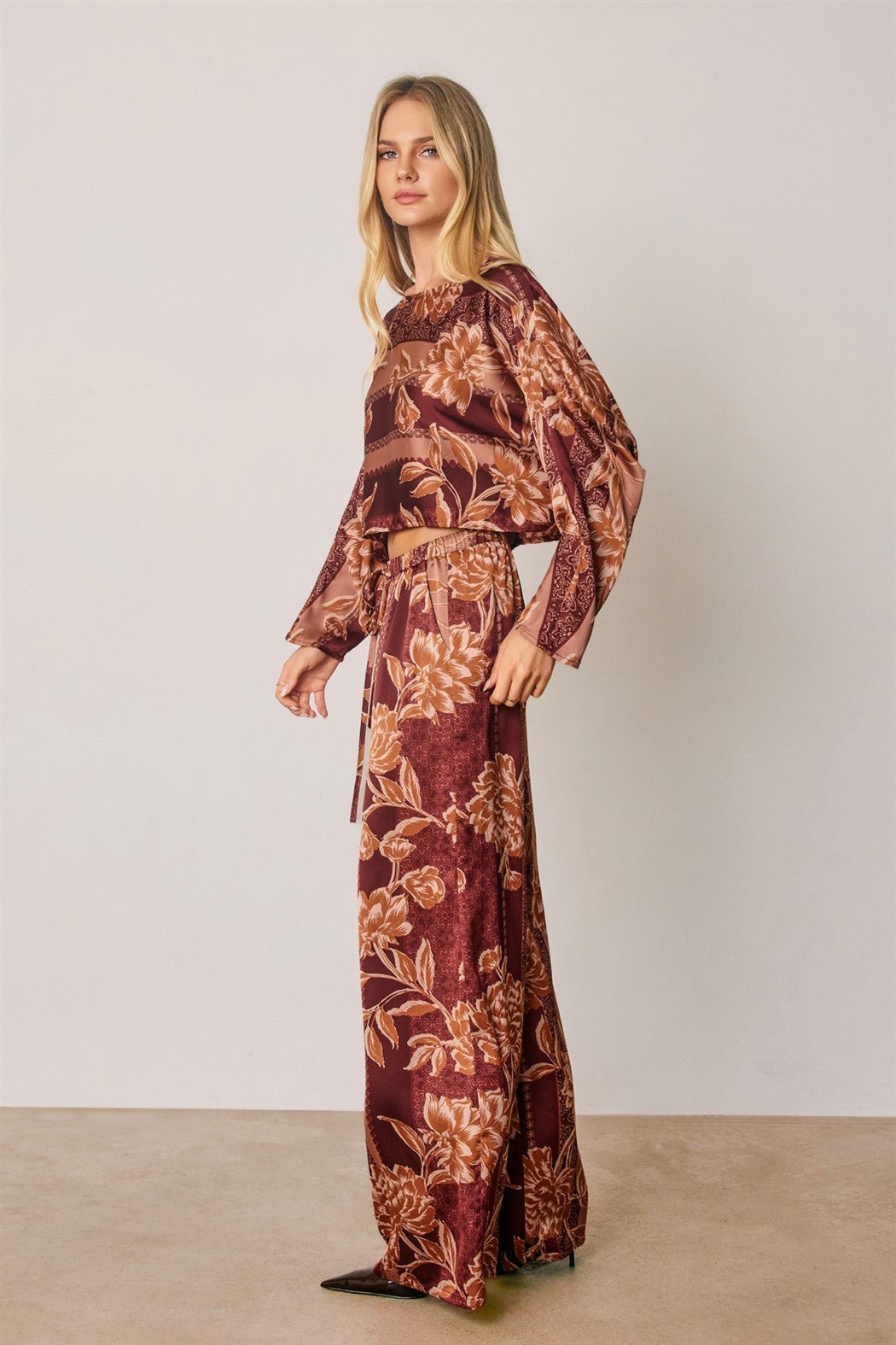 Trellis Lane Floral Satin Wide Leg Pants - Westly