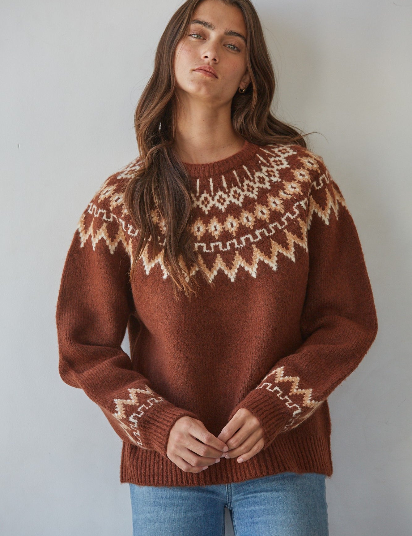 Tundra Fair Isle Mock Neck Sweater in Chocolate Cream - product photo 1