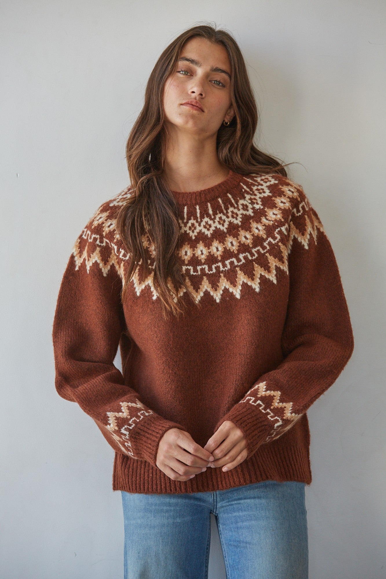 Tundra Fair Isle Mock Neck Sweater in Chocolate Cream - product photo 1